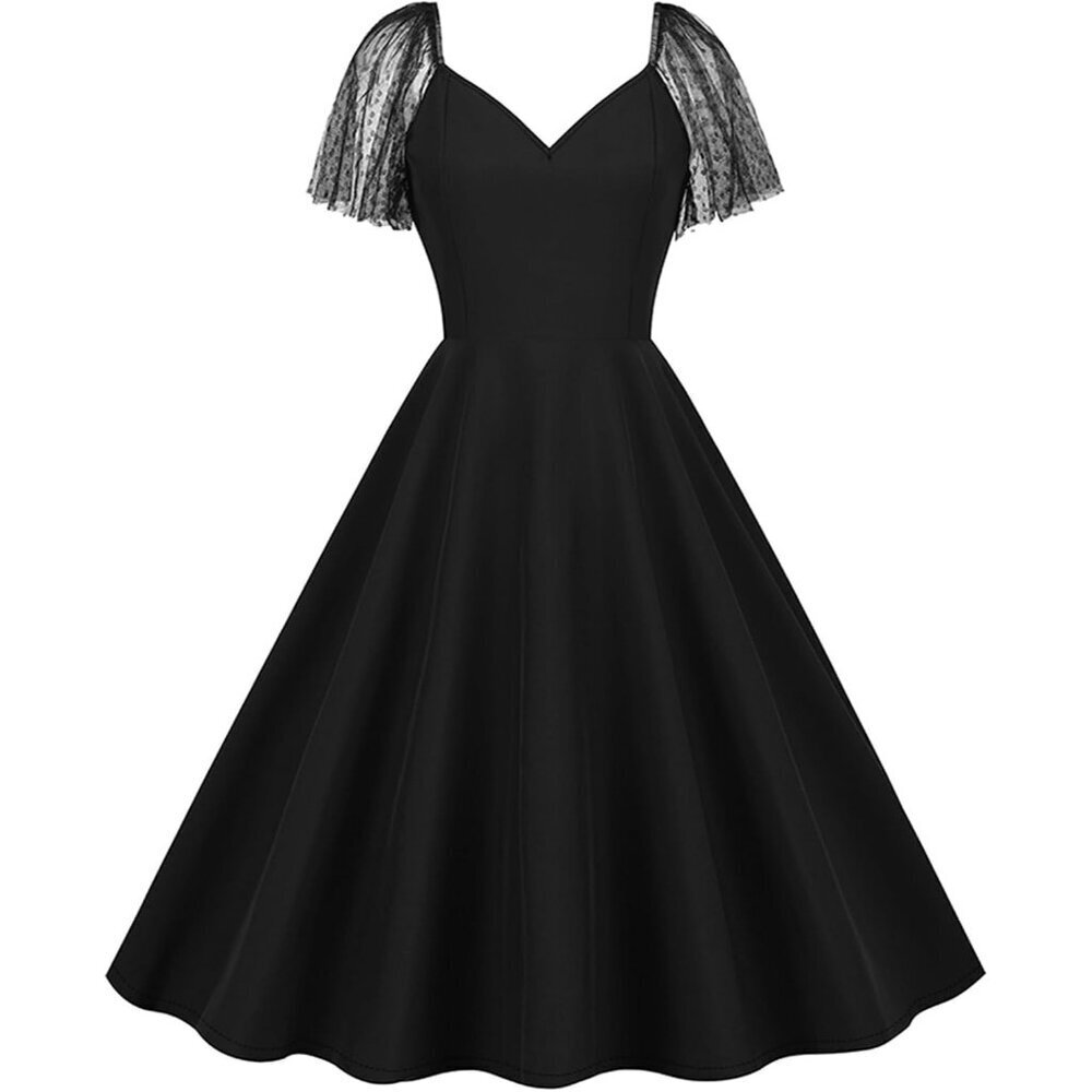 Women's Gothic Mini Dress Black Mesh Sleeve Keyhole Collar Vintage Style